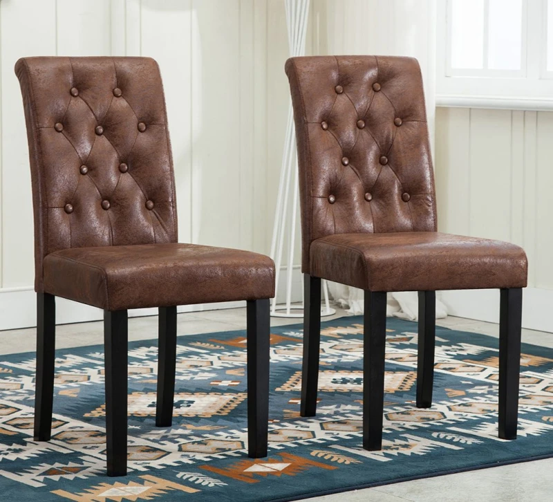 Image of MCC Direct Set of 2 Linen Fabric Plush Padded Buttoned Back Dining Chairs Brown