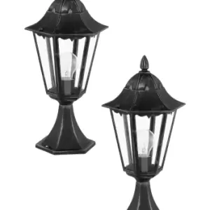 image of 2 PACK IP44 Outdoor Pedestal Light Black & Silver Patina Lantern 1x 60W E27