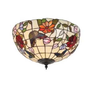 image of Butterfly 2 Light Medium Ceiling Flush Light Tiffany Style Glass, E27