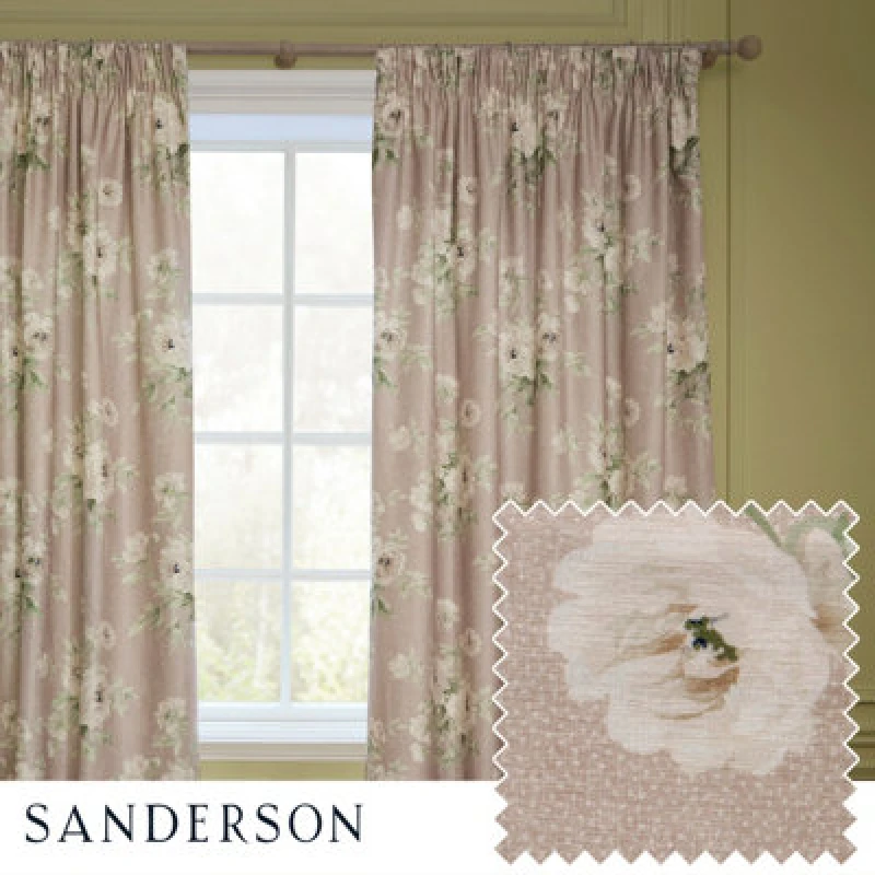Image of Sanderson Sanderson Adele Floral Chenille Room Darkening Pencil Pleat Curtains in Light Pink Size: 229cm width x 229cm drop Light Pink 229cm width x