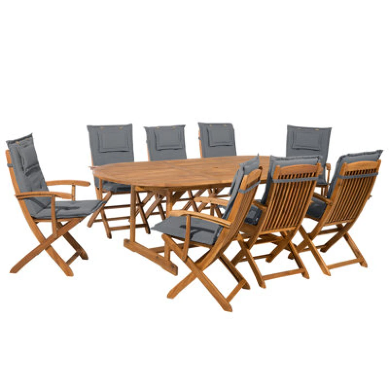 Image of BELIANI 8 Seater Garden Dining Set Oval Table Acacia Foldable Chairs Grey Cushions Maui 87492