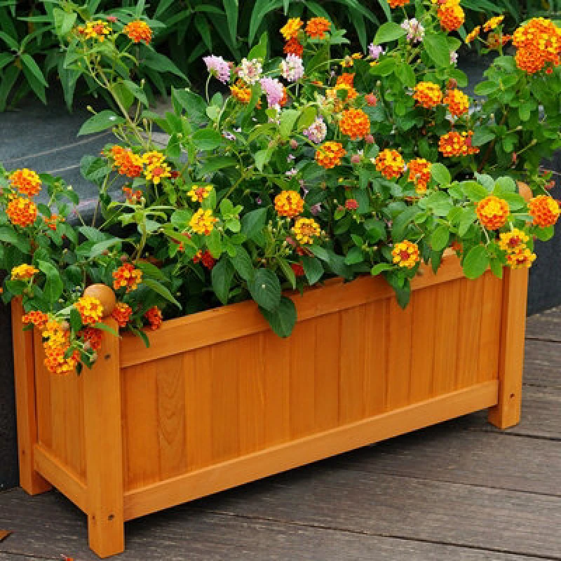Image of Gr8 Garden Wooden Rectangular Planter Garden Flower Display Box Plant Pot Raised Bed Trough Brown