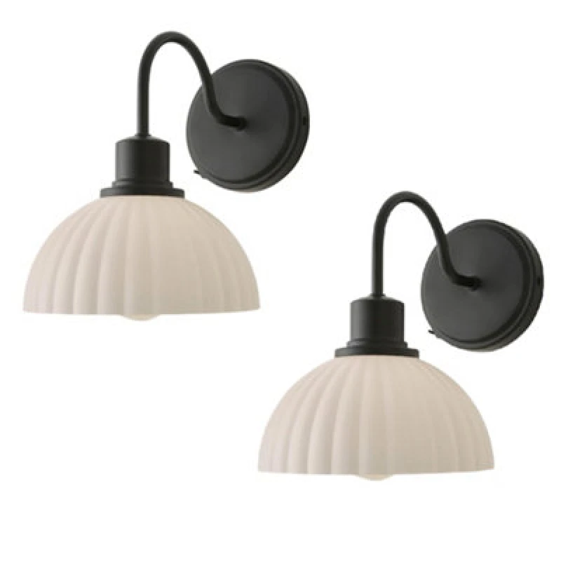 Image of ValueLights Bourton Pair of Cream Ribbed Dome Wall Lights & Bulbs in Black Unisex
