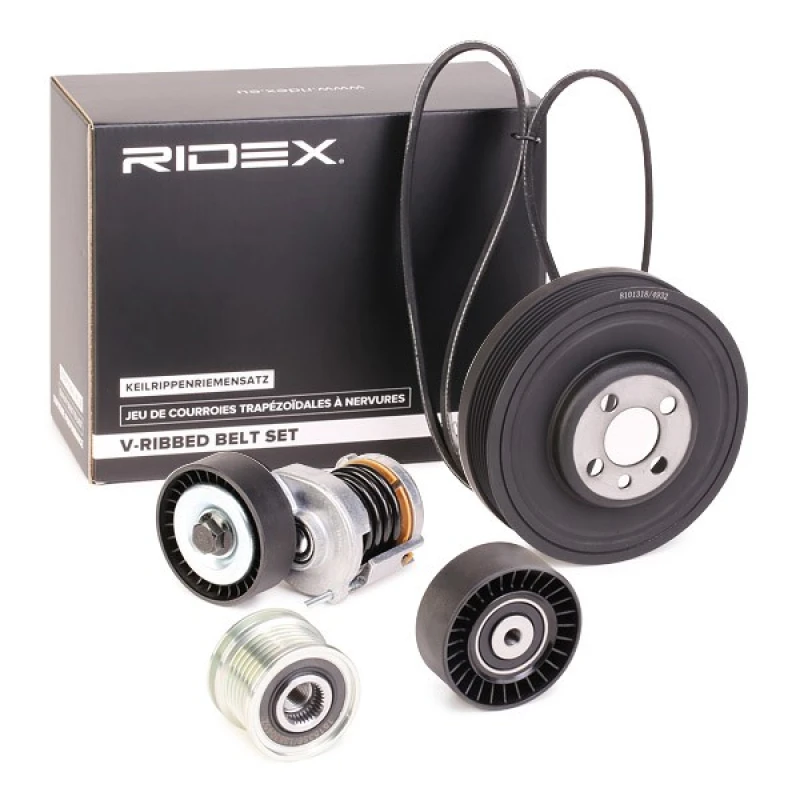 Image of RIDEX 542R0403 V-ribbed belt set Pulleys: with freewheel belt pulley V-Ribbed Belt Set (542)
