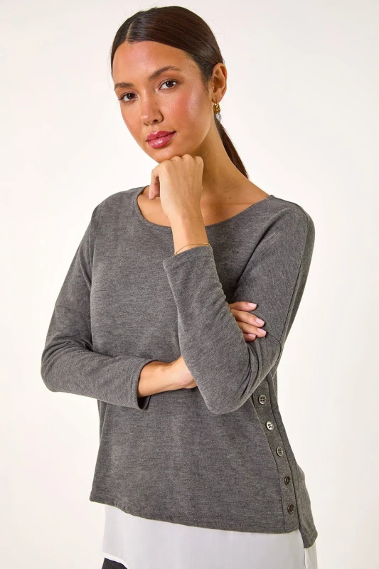 Image of Roman 2 in 1 Contrast Hem Detail Stretch Top Grey