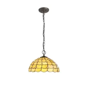 Image of 3 Light Downlighter Ceiling Pendant E27 With 40cm Tiffany Shade, Beige, Clear Crystal, Aged Antique Brass