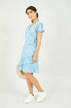 Image of Blue Ditsy Daisy Wrap Effect Frill Dress