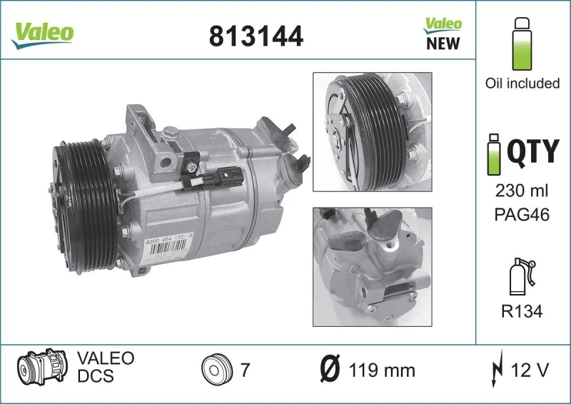 Image of VALEO 813144 AC Compressor NEW Original PART, PAG 46, Refrigerant: R134a, with PAG compressor oil Compressor,air conditioning (447)