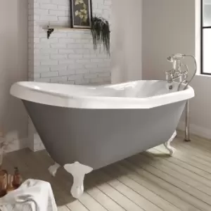 image of Grey Freestanding Single Ended Roll Top Slipper Bath with White Feet 1615 x 690mm - Baxenden