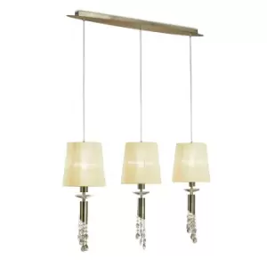 image of Tiffany Linear Pendant 3+3 Light E27+G9 Line, Antique Brass With Cream Shades & Clear Crystal