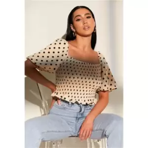 image of I Saw It First Cream Polka Dot Square Neck Puff Sleeve Frill Hem Shirred Crop Top - White