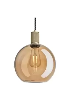 Knurled Tinted Glass Globe Pendant Light, 9 Inch, Amber, Brass Holder