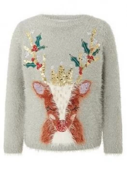 Image of Monsoon Girls Christmas Reindeer Knitted Jumper - Grey, Size Age: 9-10 Years, Women