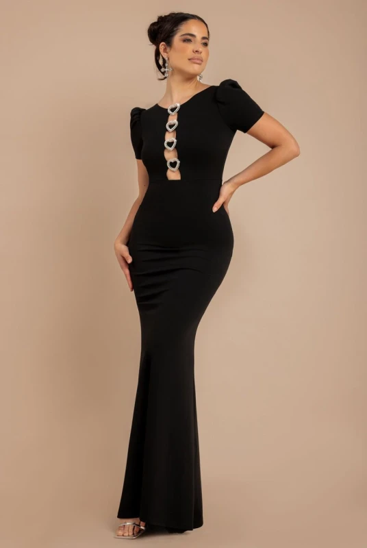 Image of Goddiva Womens Diamante Embellished Heart Brooch Scuba Maxi Dress in Black Size: 8 Black Female 8