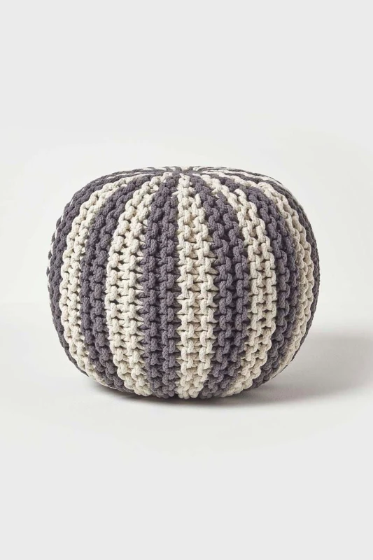 Image of Homescapes Knitted Pouffe Striped Footstool 35 x 40cm Grey