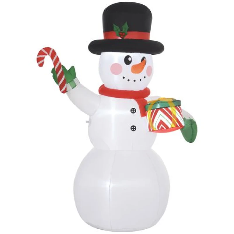Image of Outsunny 6FT Inflatable Snowman with Candy Cane and Gift Box for Party White