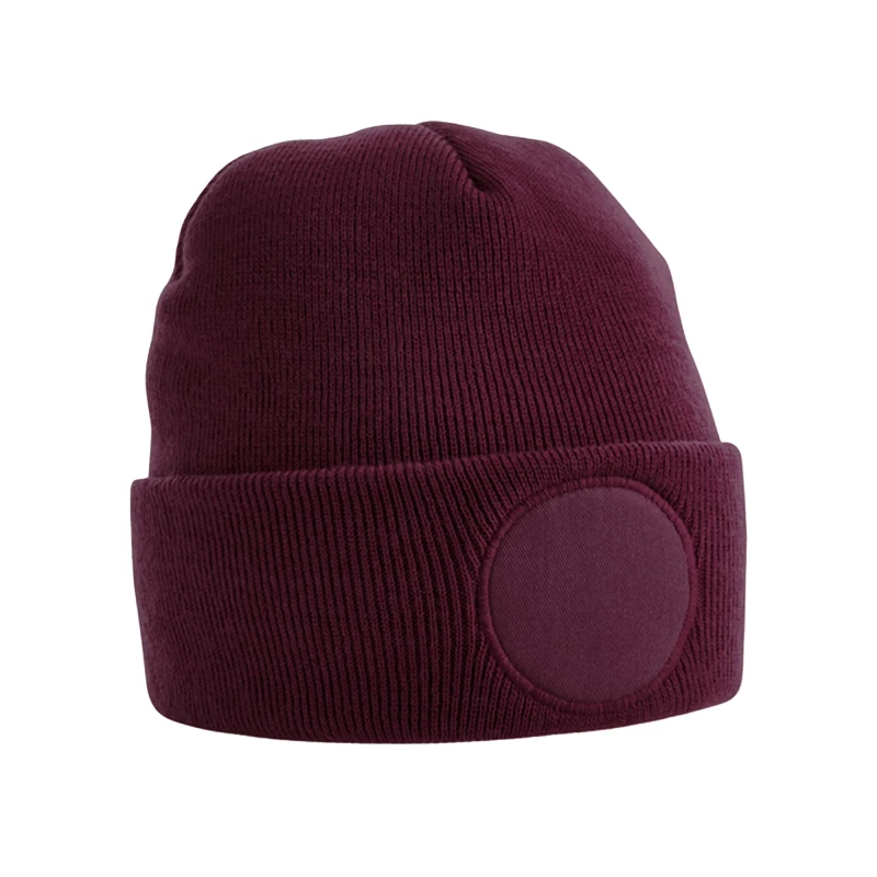 Image of Beechfield Beechfield Men Circular Patch Cuffed Beanie in Burgundy Burgundy One Size Male 5063425548934