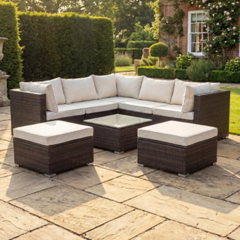 Image of Artemis Home Oliena 7 Seat Modular Rattan L-Shaped Corner Garden Furniture in Brown Brown Unisex
