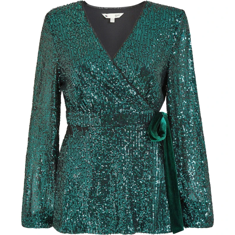 Image of Yumi Green Sequin Wrap Top With Velvet Tie Green female