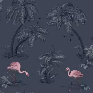 Holden Flamingo Lake Palm Trees Wallpaper - Midnight Blue / Pink - 12382