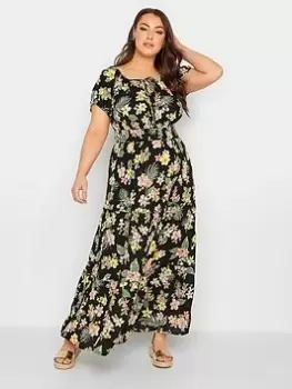Image of Yours Tropical Floral Print Bardot Maxi Dress - Black, Size 16, Women