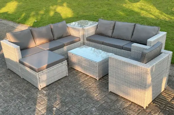 Image of Fimous 7 Seater Outdoor Light Grey PE Rattan Lounge Complete Sofa Set with Square Coffee Table and Big Footstool