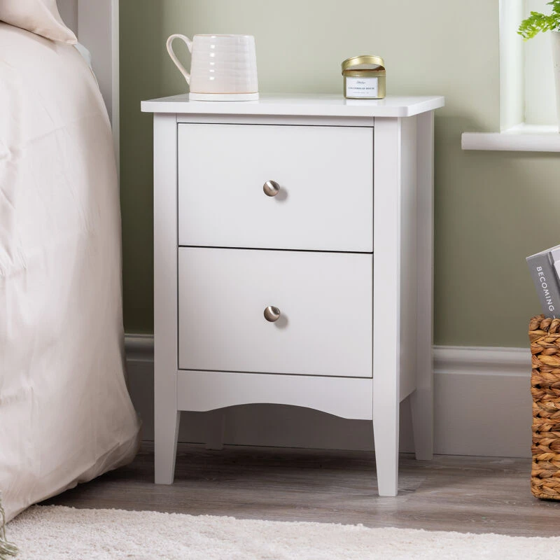 Image of Christow White Bedside Table 2 Drawer Slim Bedroom Nightstand Storage Cabinet Unit White