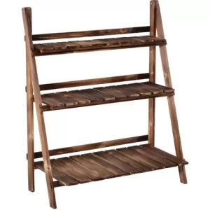 image of Outsunny 3-Tier Wooden Plant Shelf Foldable Plant Pots Holder Stand Indoor Outdoor 60L x 37W x 93H cm