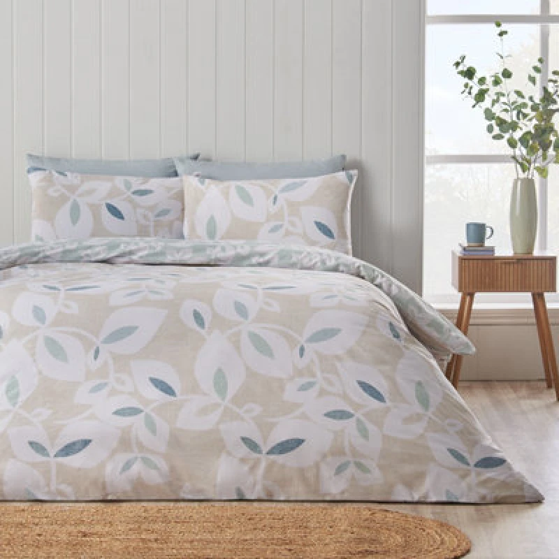 Image of Catherine Lansfield Inga Leaf Reversible King Duvet Cover Set With Pillowcases Natural