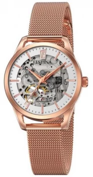 Image of Festina Womens Automatic Skeleton Rose Gold Mesh Bracelet Watch