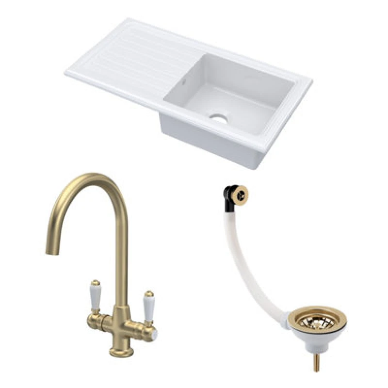 Image of BALTERLEY Balterley - Fireclay Kitchen Bundle - Single Bowl Sink & Drainer, Waste & Mono Lever Tap, 1010mm - Brushed Brass BKS231WT12