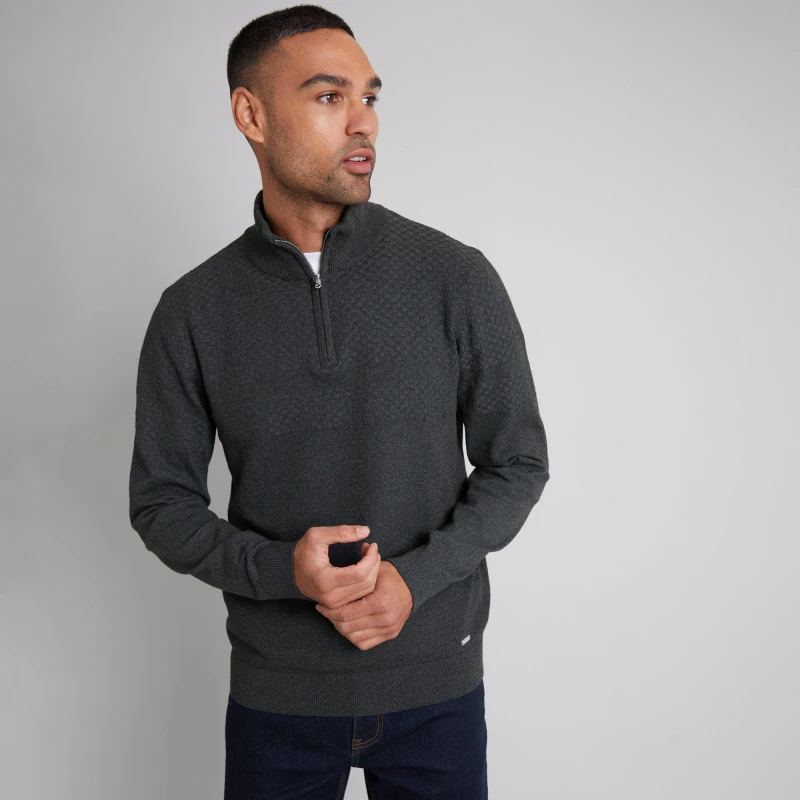 Image of Threadbare Basket Stitch Detail Knitted Quarter Zip Jumper Charcoal