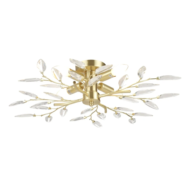Image of Happy Homewares Modern Birch 4 Light Semi Flush Ceiling Light Fitting with Clear Leaves in Gold Gold Unisex