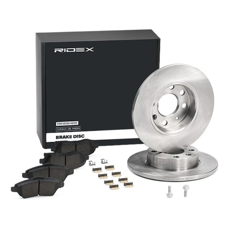 Image of RIDEX 3405B0156 Brake disc and pads set Front Axle, Brake Disc Type: Solid, with acoustic wear warning Brake Set,disc brakes (3405)