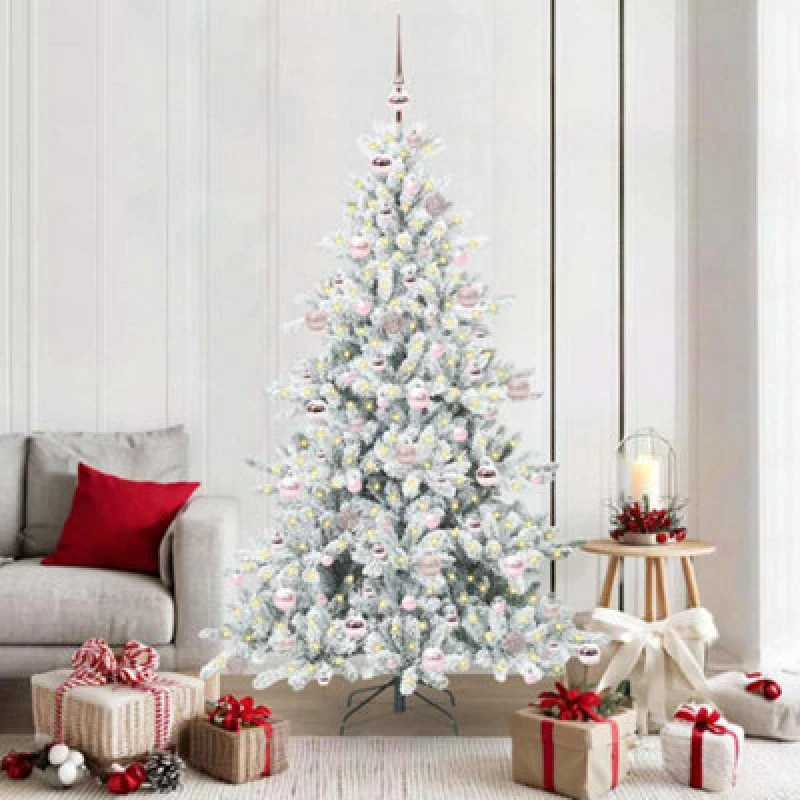 Image of vidaXL Artificial Hinged Christmas Tree with 300 LEDs, Pink Balls Snow Flocked 180cm PVC, Green 3397720