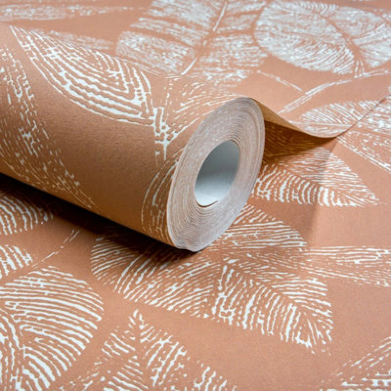 Image of Grandeco Lorena Sketch Leaves Blown Vinyl Wallpaper, Terracotta