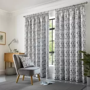Image of Skandi Geometric Fully Lined 66x54 Pencil Pleat Silver Curtain Pair, 66 x 54 (168 x 137cm) - Silver - Alan Symonds