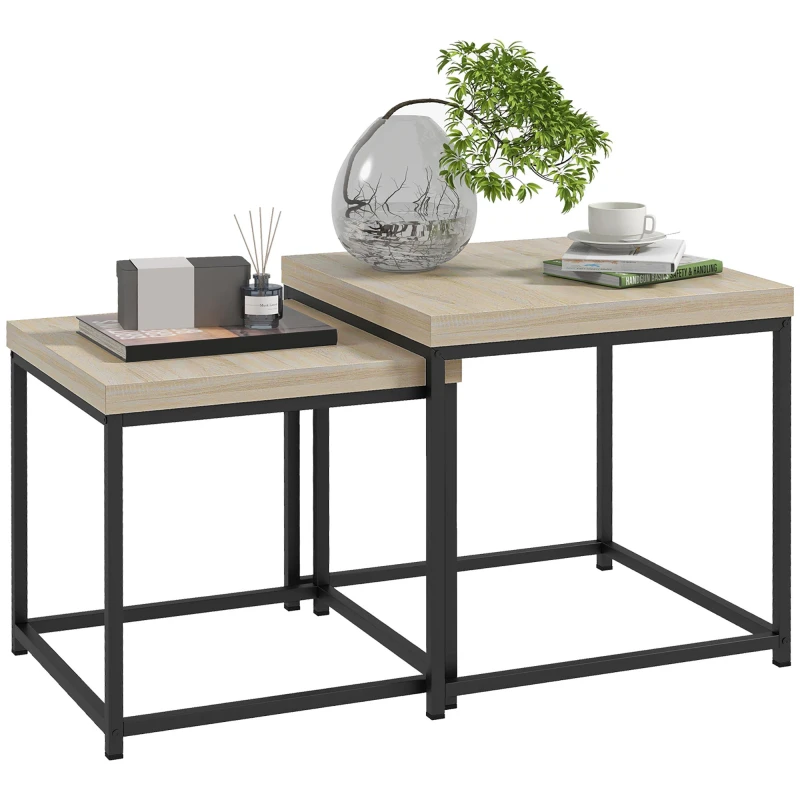 Image of HOMCOM Coffee Table Set of 2 - Nest of Tables with 3.5cm Thick Tabletop - Oak TJ Hughes 5061025098316