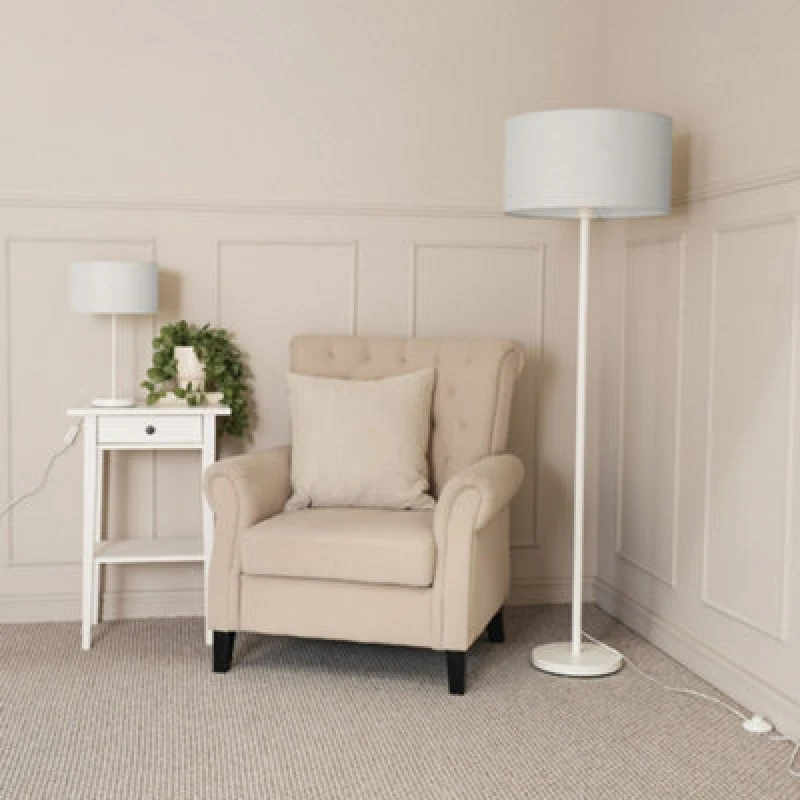 Image of ValueLights Charlie White Metal Single Stem Table Lamp with Fabric Drum Lamp Shade Grey