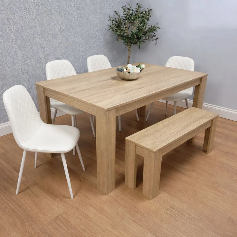 Image of KOSY KOALA Wooden Dining Table Set for 6 Oak Effect Table With 4 White Gem Patterned Chairs and 1 Bench Beige