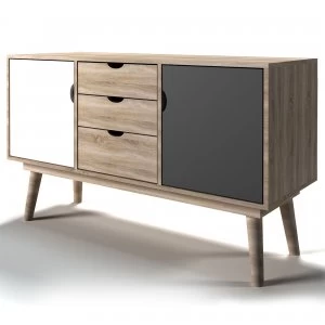 Image of Scandi 3 Drawer Grey Sideboard Grey, Brown and White