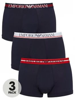 Image of Emporio Armani 3 Pack Stretch Cotton Mixed Waistband Trunks Navy Size L Men