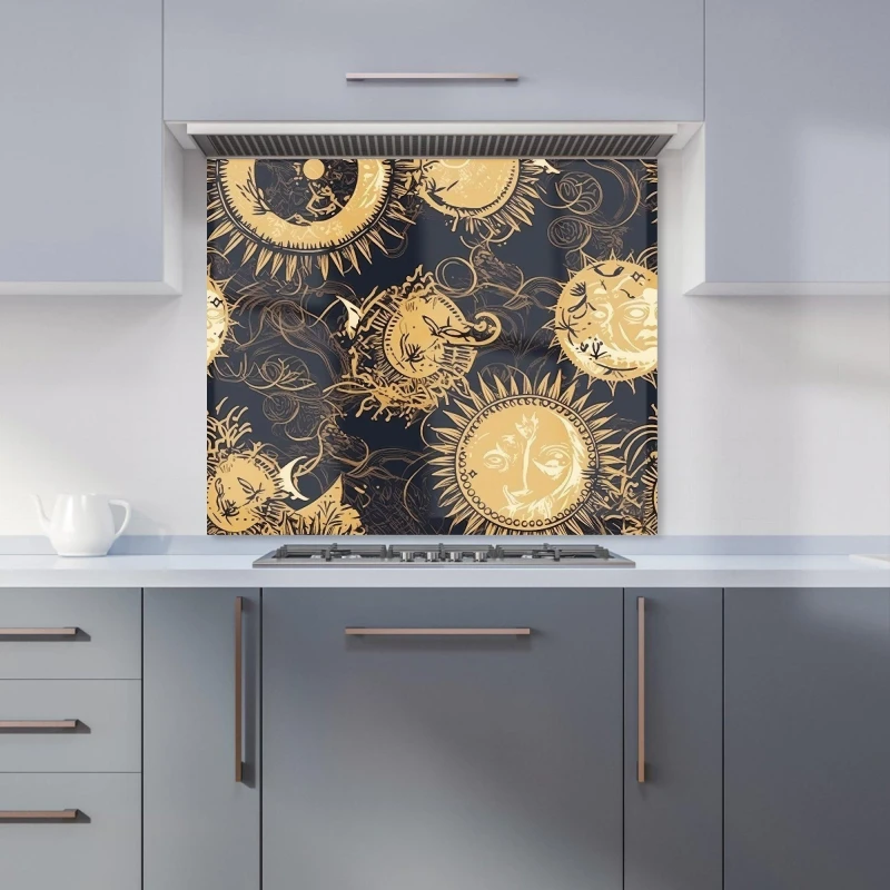 Image of Warren Reed - Designer Moon & Sun Gold Blue Kitchen Splashback in Yellow Size: 600mm x 750mm Yellow Unisex 600mm x 750mm