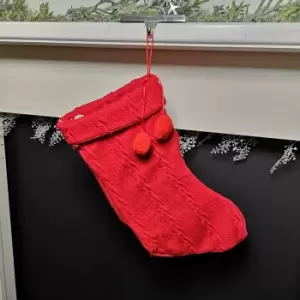 image of 45cm Knitted Fabric Christmas Stocking Decoration with Pom Poms in Red