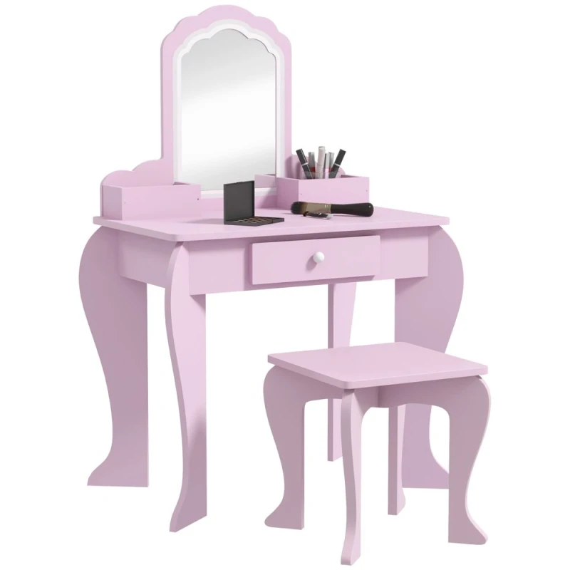 Image of Zonekiz Kids Dressing Table Cloud Design W/ Mirror Stool, Drawer, Storage Boxes, Pink 316-011V80PK