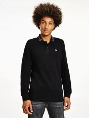 Image of Tommy Jeans Tommy Jeans Tonal Logo Long Sleeve Polo Shirt, Black Size M Men