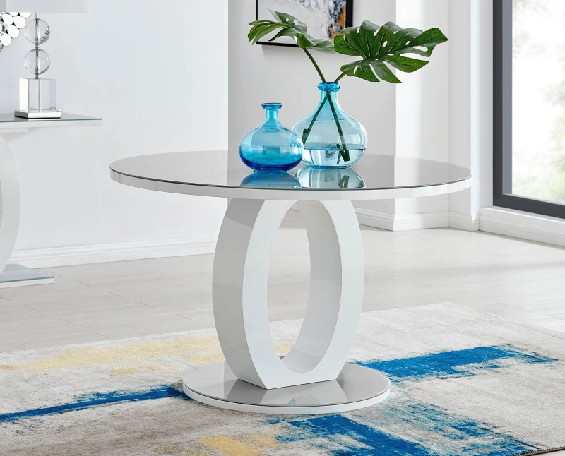 Image of FurnitureboxUK FurnitureboxUK Giovani 120cm 6-Seater Round High Gloss And Glass Dining Table in Grey Grey One Size Unisex 5056542636226
