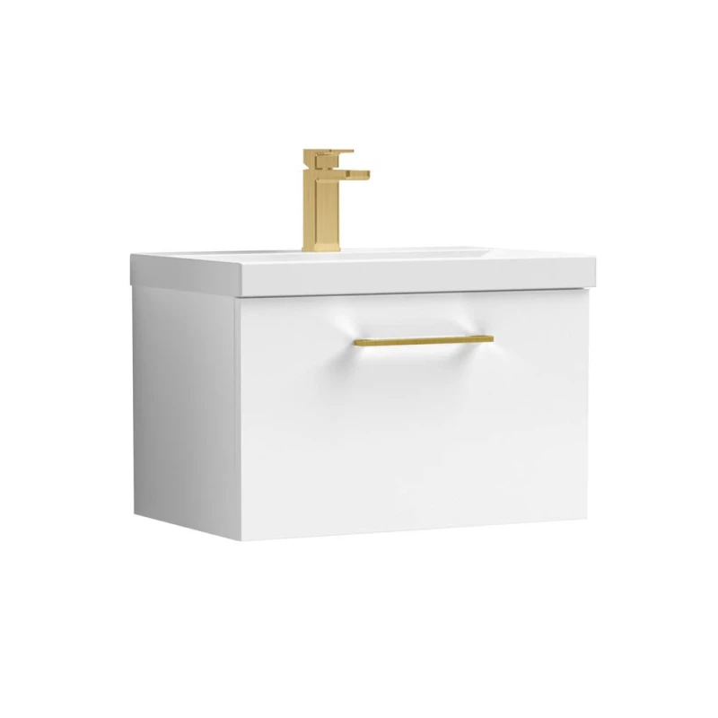 Image of Balterley 600mm Wall Hung 1 Drawer Vanity Basin Unit, Gloss White, Brass Handle in White White Unisex