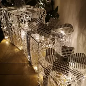 image of Premier Christmas Set of 3 Acrylic Parcels in White with Silver Diamante Bow & LED Lights Mains Operated