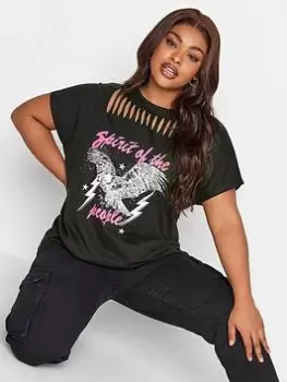Image of Yours Laser Cut Placement Print Tee Free Spirit, Black, Size 16, Women